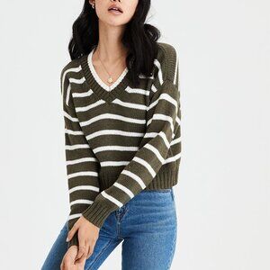 NWT American Eagle Striped V-Neck Pullover Olive Sweater